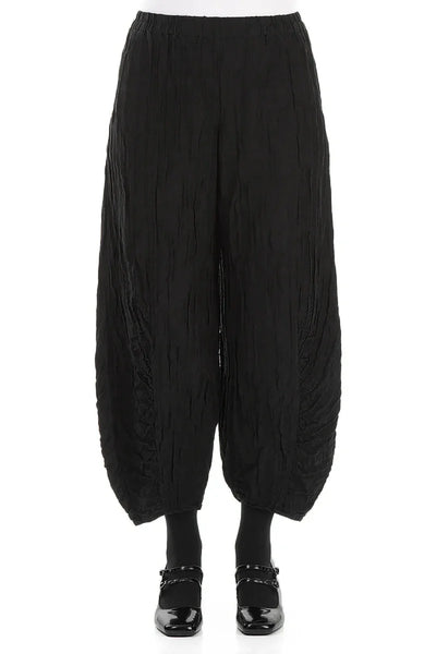 CRINKLED SILK LINEN PANTS - BLACK