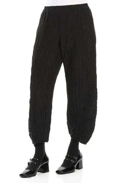 CRINKLED SILK LINEN PANTS - BLACK