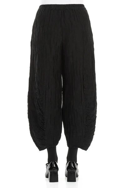CRINKLED SILK LINEN PANTS - BLACK