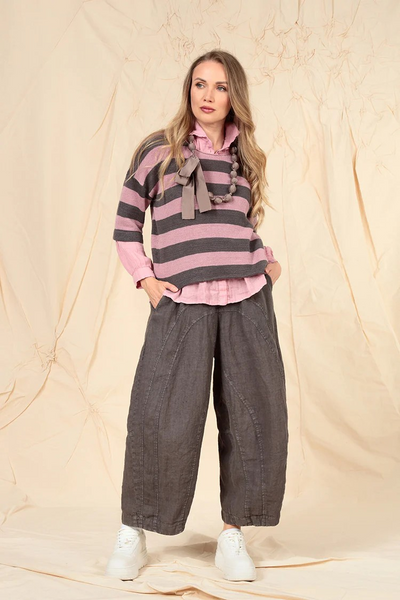 STRIPE MAUVE PINK LINEN KNIT TOP
