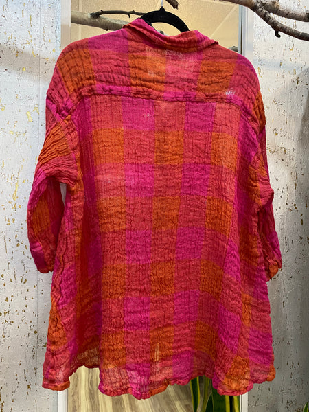 FUCHSIA AND ORANGE CHECK LINEN SHIRT