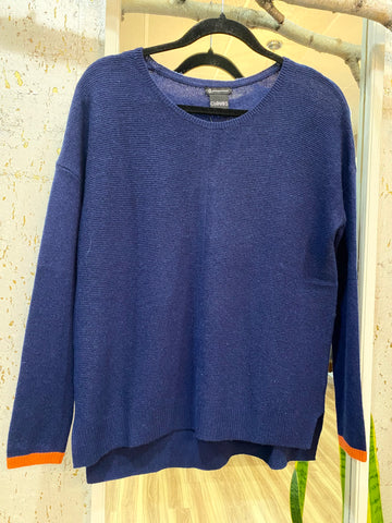 EASY FIT 100% CASHMERE SWEATER - NAVY WITH ORANGE CUFFS