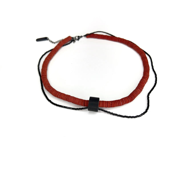 Red Leather Choker Necklace with Black Bead String