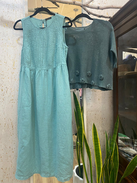 MINT PINTUCK LINEN DRESS