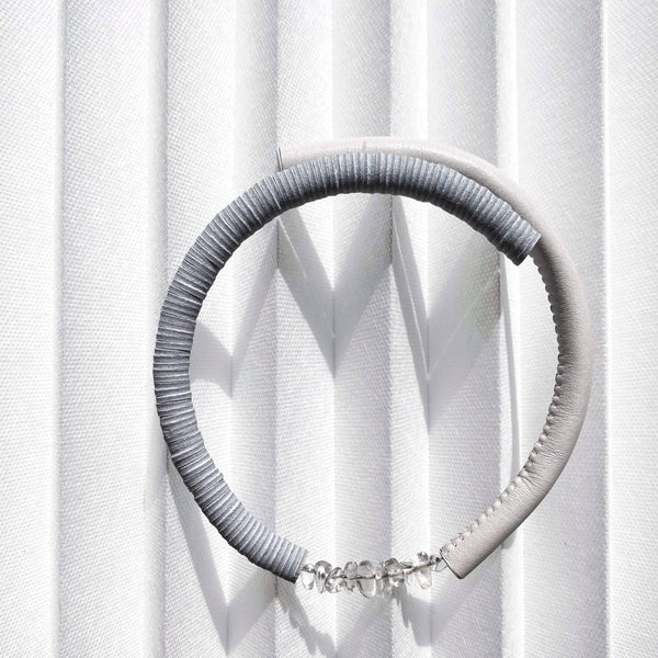 White Leather Choker With Clear Quartz Crystals