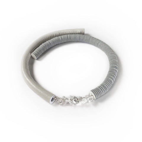 White Leather Choker With Clear Quartz Crystals
