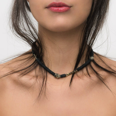 Leather Choker Necklace With Pyrite and Labradorite