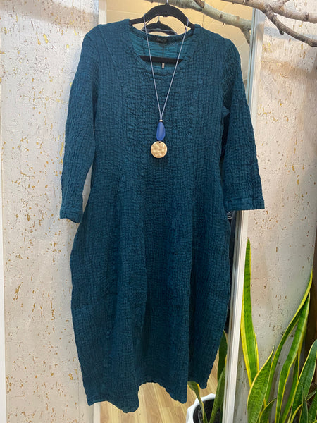 PEACOCK TEAL LINEN TEXTURED DRESS