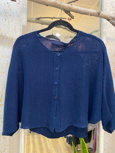 LINEN KNIT CROPPED CARDIGAN - NAVY