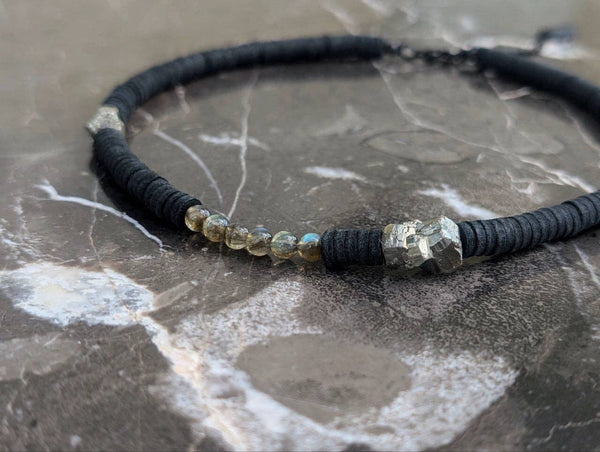 Leather Choker Necklace With Pyrite and Labradorite