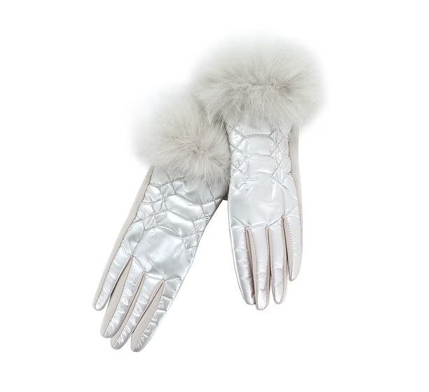 PUFFER GLOVES WITH FUR TRIM -PEARL