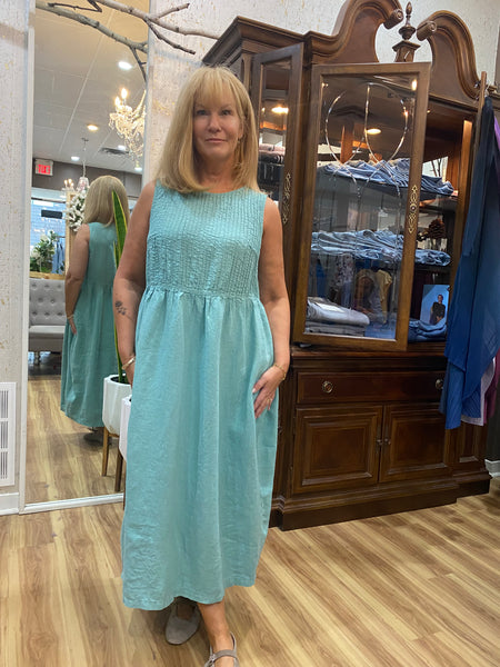 MINT PINTUCK LINEN DRESS