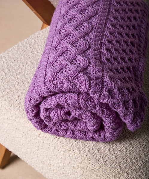 MERINO WOOL ARAN BLANKET - LILAC MARL