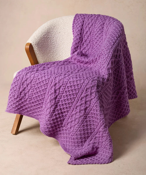 MERINO WOOL ARAN BLANKET - LILAC MARL