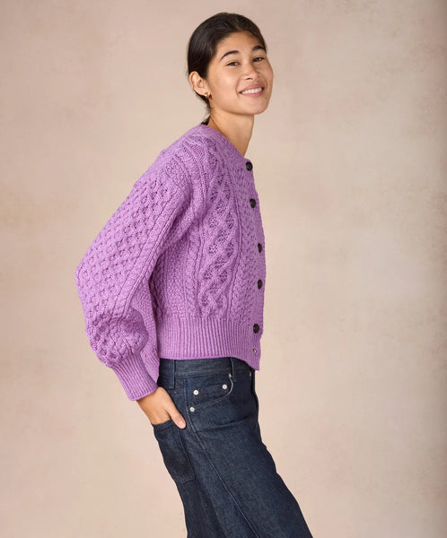 CLOVER ARAN CARDIGAN - LILAC MARL