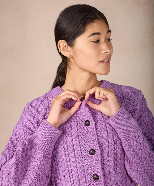 CLOVER ARAN CARDIGAN - LILAC MARL