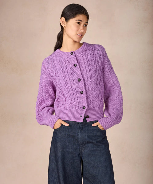CLOVER ARAN CARDIGAN - LILAC MARL
