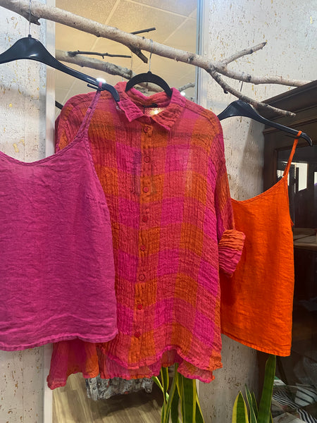 FUCHSIA AND ORANGE CHECK LINEN SHIRT