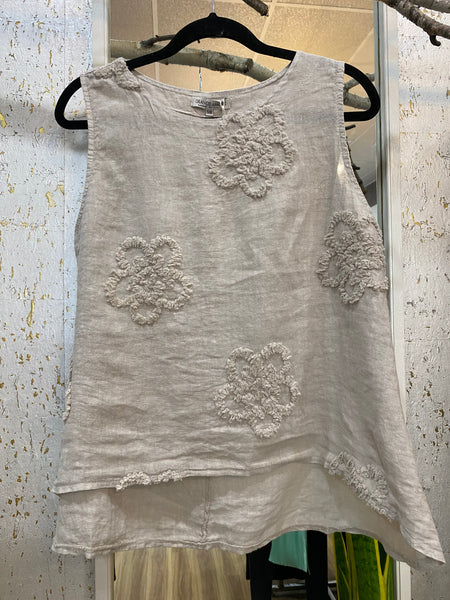 FLORAL EMBROIDERY LINEN TANK TOP