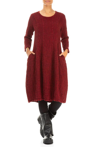 CHERRY RED LINEN TEXTURED DRESS