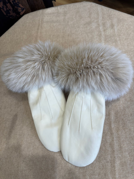 LEATHER MITTENS WITH FUR TRIM - IVORY