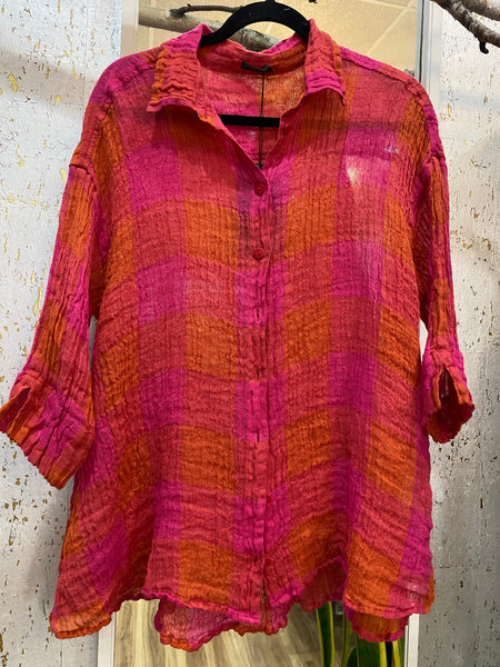 FUCHSIA AND ORANGE CHECK LINEN SHIRT