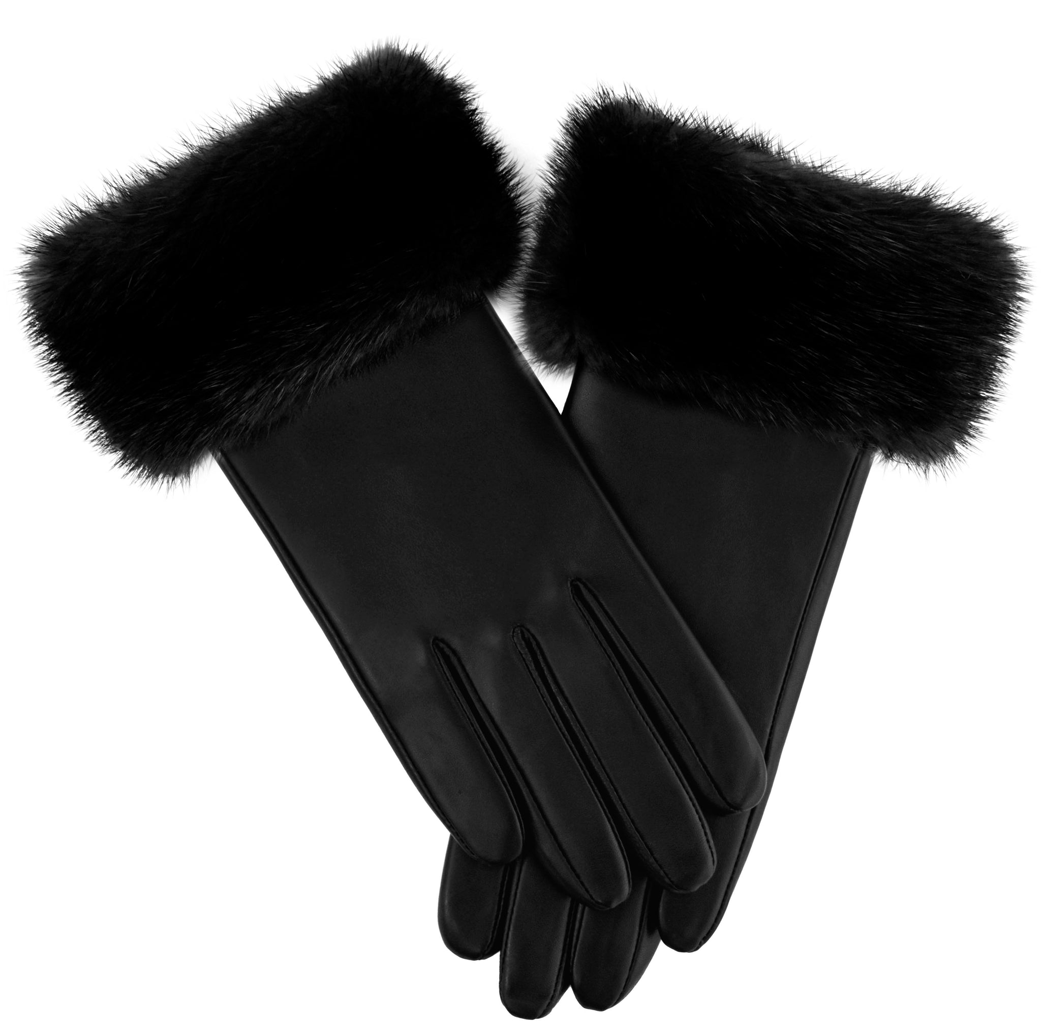 LEATHER GLOVES WITH FUR TRIM - BLACK