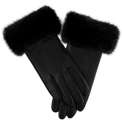 LEATHER GLOVES WITH FUR TRIM - BLACK