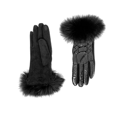 PUFFER GLOVES WITH FUR TRIM - BLACK