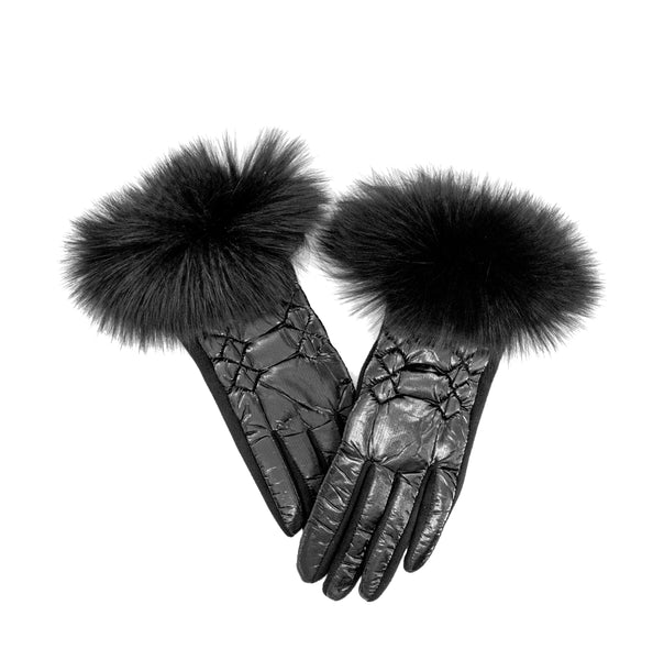 PUFFER GLOVES WITH FUR TRIM - BLACK