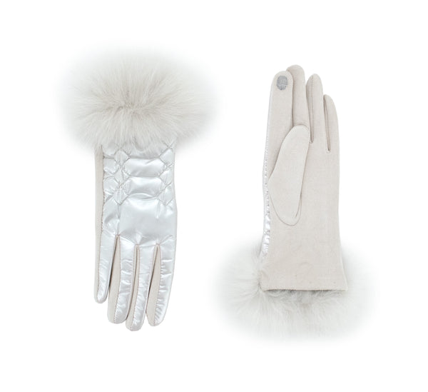 PUFFER GLOVES WITH FUR TRIM -PEARL