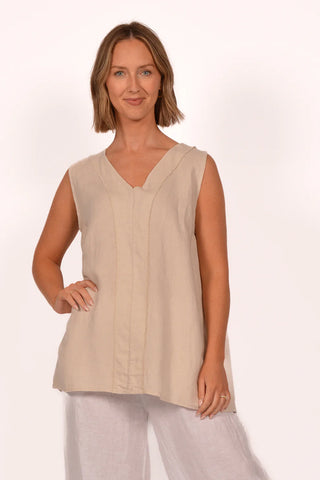 SLEEVLESS LINEN V-NECK TOP-
