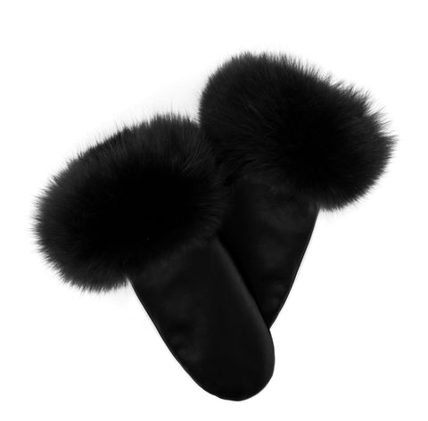 LEATHER MITTENS WITH FUR TRIM - BLACK