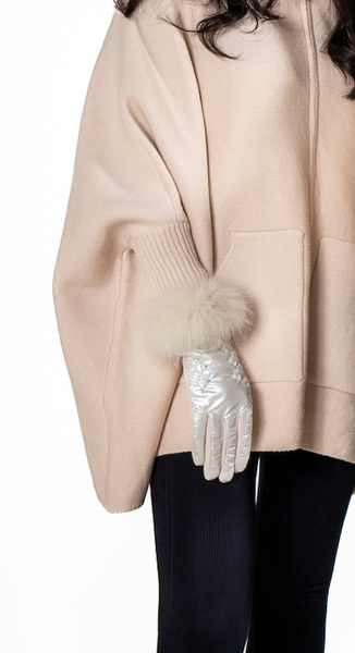 PUFFER GLOVES WITH FUR TRIM -PEARL