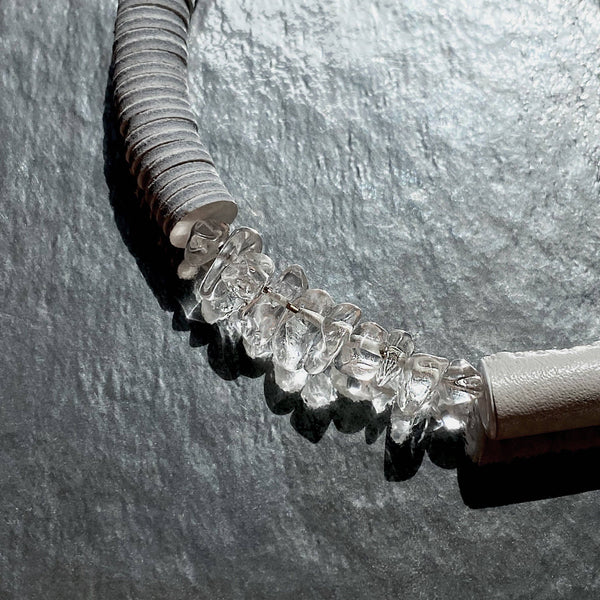 White Leather Choker With Clear Quartz Crystals