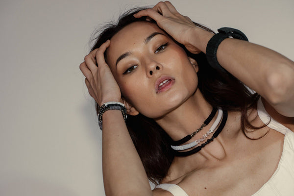 White Leather Choker With Clear Quartz Crystals