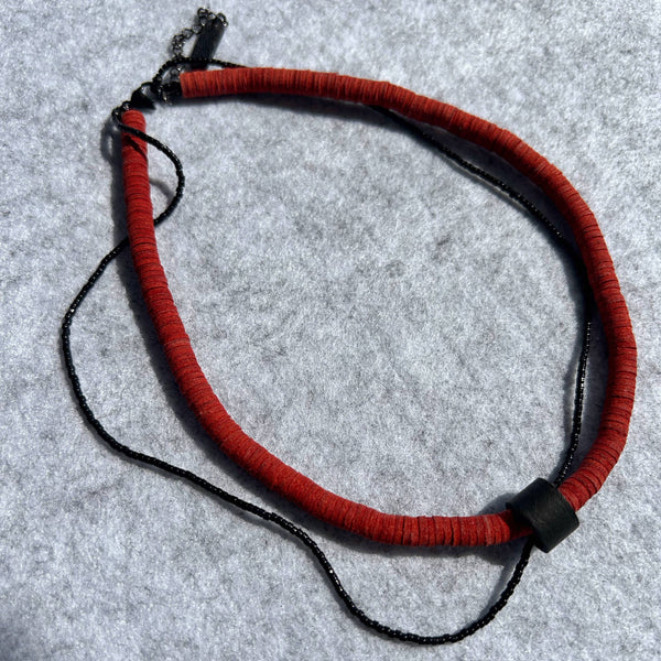 Red Leather Choker Necklace with Black Bead String