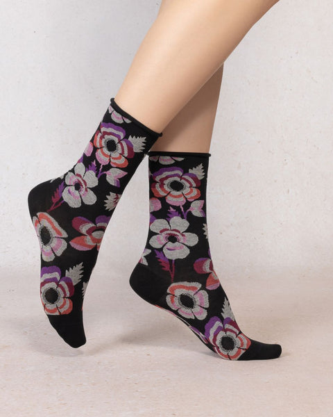 VELVET COTTON SOCKS - BLACK FLOWER