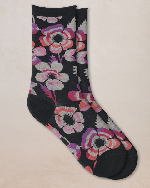 VELVET COTTON SOCKS - BLACK FLOWER