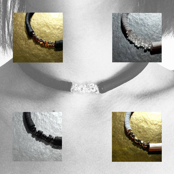 White Leather Choker With Clear Quartz Crystals