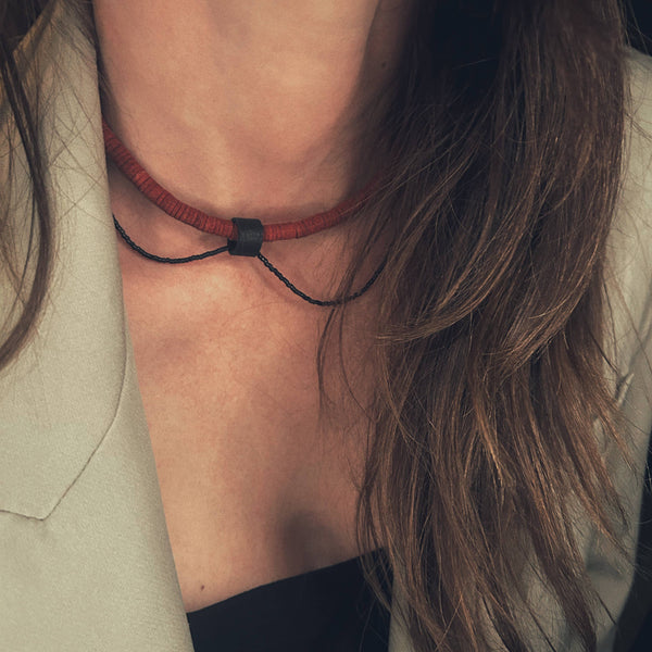 Red Leather Choker Necklace with Black Bead String