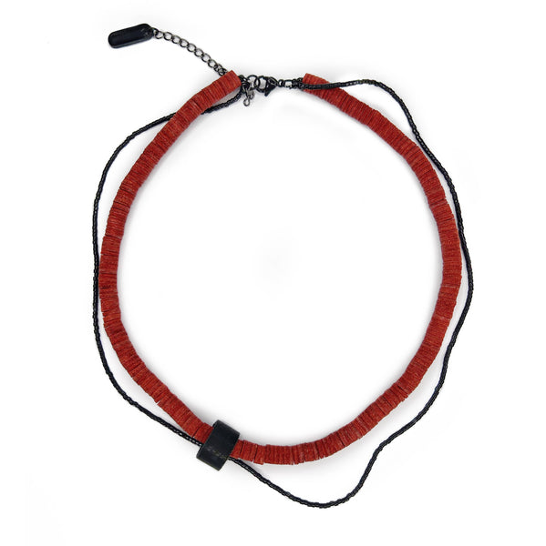 Red Leather Choker Necklace with Black Bead String