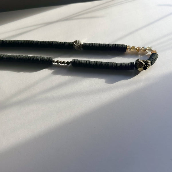 Leather Choker Necklace With Pyrite and Labradorite