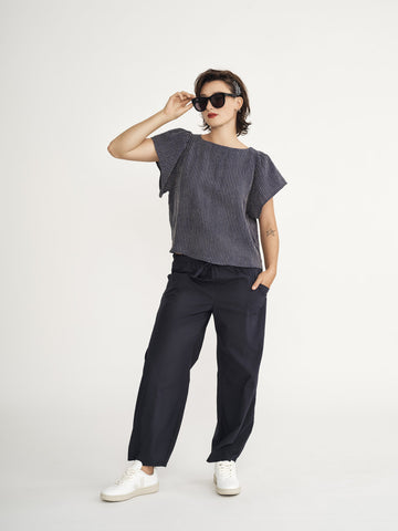 SAFFRON LINEN TOP - NAVY STRIPE